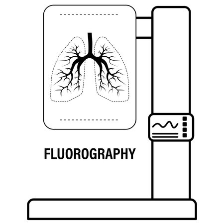 Outline icon of medical apparatus for fluorography isolated on white. Schematic lungs at the place of application and control panel. vector design element.のイラスト素材