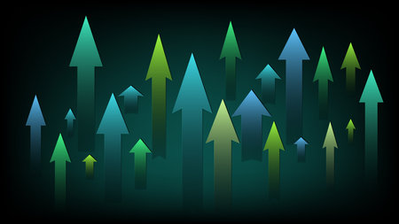 Lots of colorful up arrows on a dark green background. Market or economy growth symbol. news banner. vector illustration.のイラスト素材