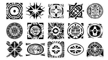 Set of esoteric design elements in grunge style. Mystical symbols with irregular shapes and rough edges. Black silhouette cliparts.のイラスト素材