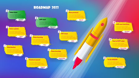 Colorful roadmap with flying space rocket and stickers with copy space for stages on blue background. Timeline infographic template for business presentation. vector illustration.のイラスト素材