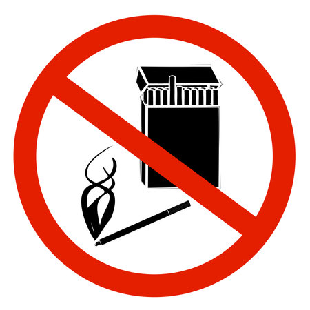 Red no smoking sign with crossed out silhouette of pack of cigarettes and smoking cigarette isolated on white background. vector icon or design element.のイラスト素材