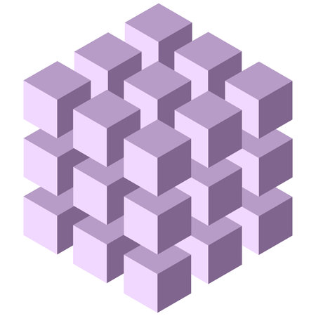 Violet isometric cube consisting of many small cubes isolated on white background. vector clipart.のイラスト素材