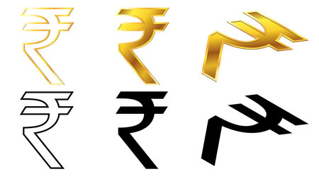 Indian Rupee INR currency golden signs, silhouette and outline isometric top and front view isolated on white background. Currency by the Central Bank of India. vector clipart.のイラスト素材