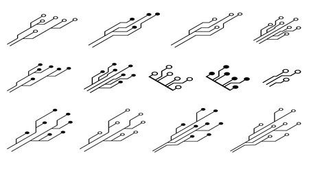 Isometric set of printed circuit board PCB tracks silhouettes isolated on white background. Technical clipart. Dividers for design. Vector design element.のイラスト素材