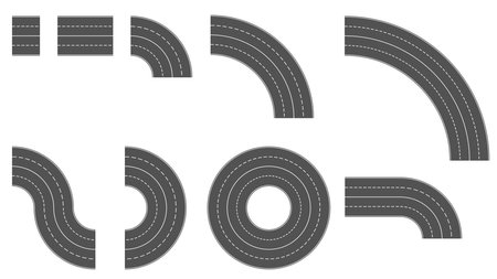 Set of gray section of road with four lanes separated by dashed line and solid line in the middle isolated on white. road constructor. vector clipart.のイラスト素材