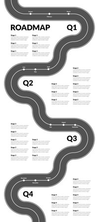 Yearly roadmap with quarter milestones and winding road on white background. Vertical infographic timeline template for presentation. vector illustration.のイラスト素材