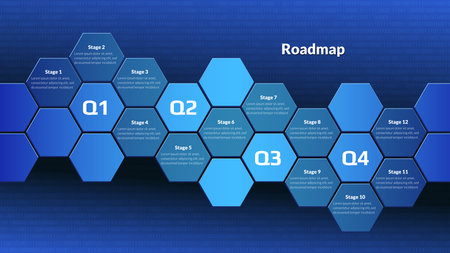 Horizontal roadmap with honeycombs on digital blue background. Timeline infographic template for business presentation. vector illustration.のイラスト素材