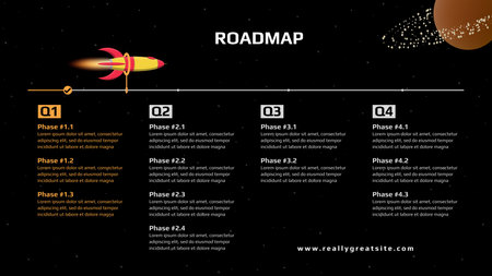 Horizontal quarterly roadmap with rocket and milestones on space black background. Timeline infographic template for business presentation. vector illustration.のイラスト素材