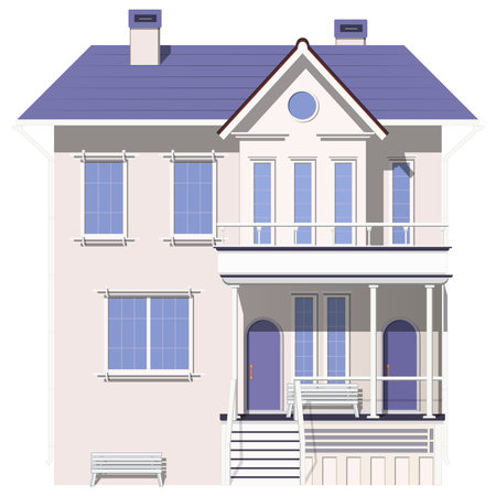 Colored two-story house with porch and benches isolated on white background. vector clipart.のイラスト素材