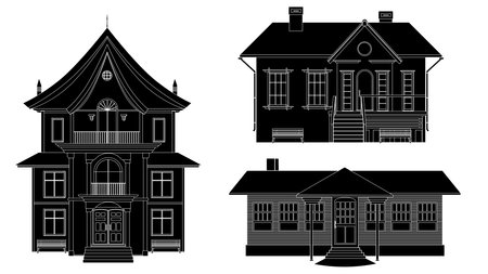 Set of black silhouettes of mansion and private houses isolated on white background. One-story houses and several floors. vector clipart.のイラスト素材