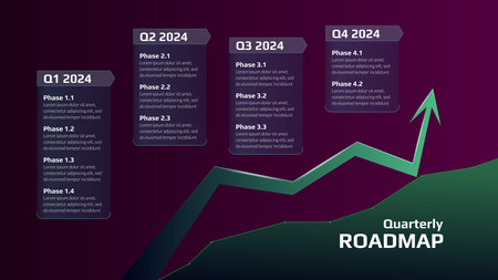 Roadmap with upward trend arrow and stages on dark purple background. Timeline infographic template for business presentation. Vector illustration.のイラスト素材