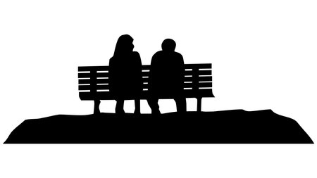 Silhouettes of man and a woman sitting on bench isolated on white background. Vector clipart.のイラスト素材