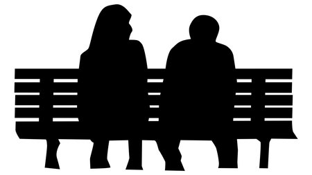 Silhouettes of man and a woman sitting on bench isolated on white background. Vector clipart.のイラスト素材