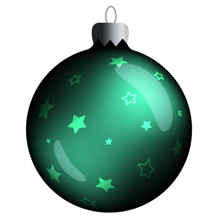 Realistic round Christmas ball with green gradient, stars and flares isolated on a white background. Vector clipart for christmas tree.のイラスト素材