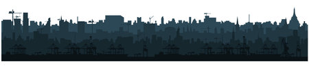 City skyline silhouette and cargo port with cranes isolated on white background. Parallax layers. Vector.のイラスト素材