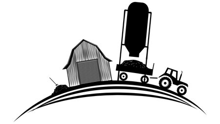 Set of silhouette scenes from farm life with fields, barns and machinery on rounded land isolated on white background. Vector rural clipart.のイラスト素材