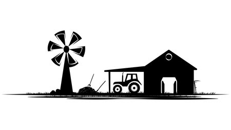 Set of silhouette scenes from farm life with fields, barns and machinery isolated on white background. Vector rural clipart.のイラスト素材