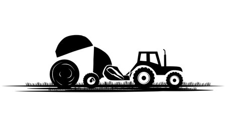 Set of silhouette scenes from farm life with fields, barns and machinery isolated on white background. Vector rural clipart.のイラスト素材