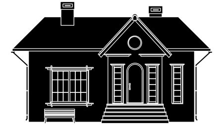 Illustration pour Black silhouette of one-story house with porch and benches isolated on white background. vector clipart. - image libre de droit