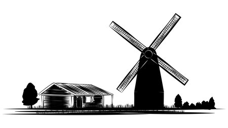 Set of silhouette scenes from farm life with barn and windmill isolated on white background. Vector rural clipart.のイラスト素材