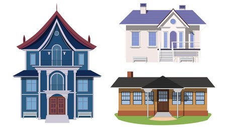 Set of colored mansion and private houses isolated on white background. One-story houses and with several floors. Vector clipart.のイラスト素材