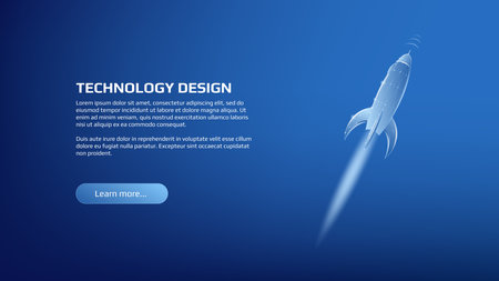Polygonal flying rocket on dark blue background. Template for technology page or banner for startup. Vector illustration.のイラスト素材