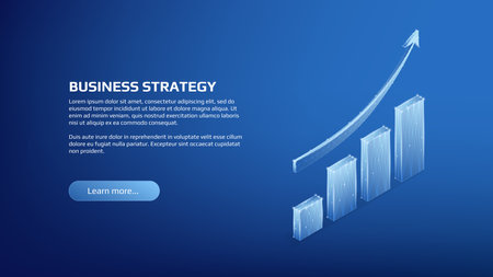 Polygonal shiny isometric chart levels and uptrend arrow on dark blue background. Market trading page template or banner. Vector illustration.のイラスト素材