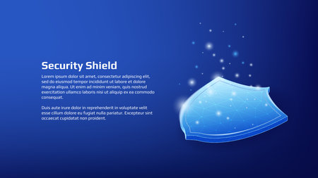 Security concept with shiny polygonal isometric shield and copy space on dark blue background. Protection applications. Vector illustration for website or banner.のイラスト素材