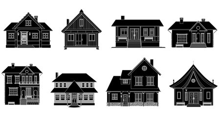 Set of black silhouettes of mansion and private houses isolated on white background. One-story houses and several floors. vector clipart.のイラスト素材