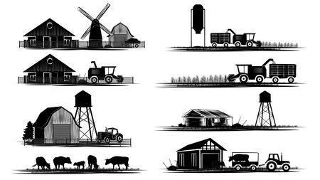 Set of silhouette scenes from farm life with fields, barns and machinery isolated on white background. Vector rural clipart.のイラスト素材