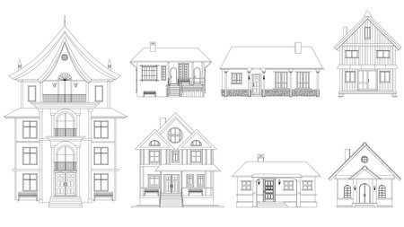 Set of black outlines of mansions and private houses isolated on white background. One-story houses and with several floors. Vector clipart.のイラスト素材