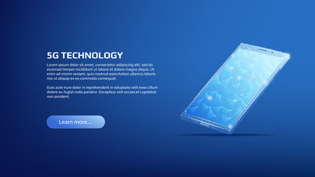 Polygonal shiny phone with copy space on dark blue background. Cellular banner or web page template. Vector illustration.のイラスト素材