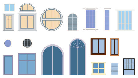 Set of various colored windows for houses isolated on white background. Vector clipart.のイラスト素材