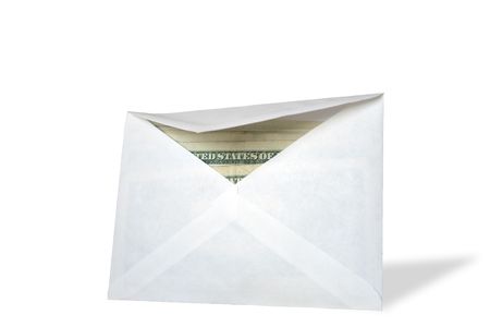 Close up of paper envelope with money on white background