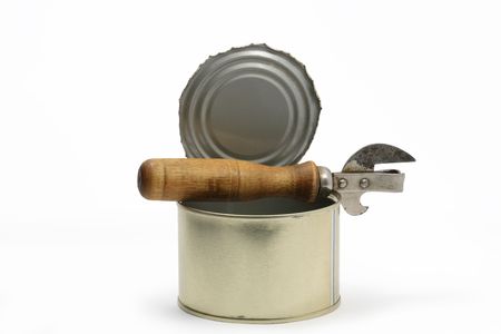 Opened canned food with can opener isolated on white backgroundの写真素材