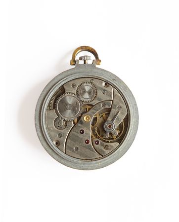 Vintage old watch with opened mechanism isolated on white background
