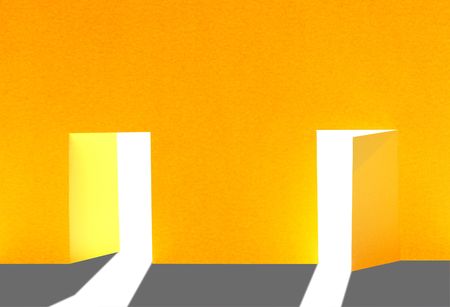 Abstract background with two open doors made from yellow paper.の写真素材