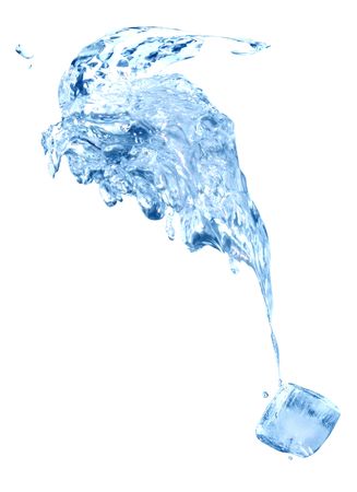 Ice cube in splashing water. Isolated on white background with clippingの写真素材