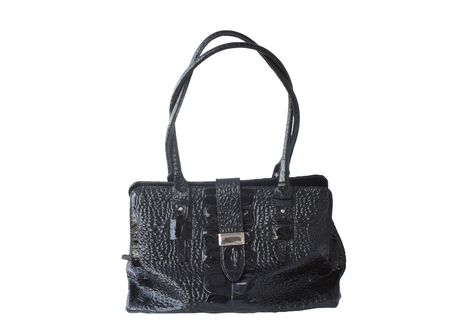 Nice black leather woman's city bag isolated on white backgroundの写真素材
