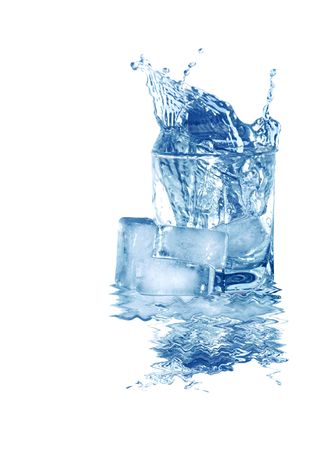 Ice cubes near glass of splashing water isolated on white with clipping pathの写真素材