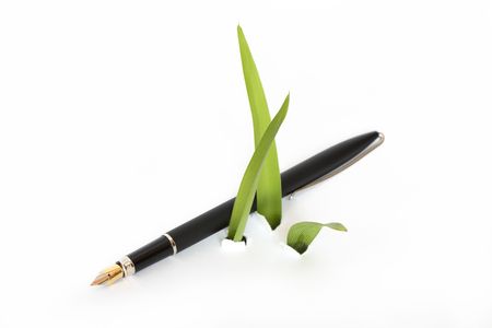 Fountain pen lying near green leaves growing out of white background の写真素材