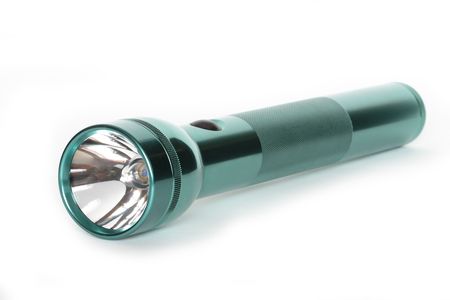 Green anodized aluminum flashlight on white backgroundの写真素材