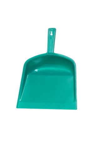 Green plastic dustpan isolated on white background の写真素材