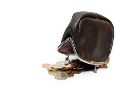 Black leather reverse change purse and coins isolated on white background 