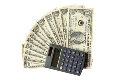 Twelve one dollar bills and calculator isolated on white background の写真素材