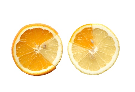 Mixed slices of lemon and orange. Isolated on white の写真素材