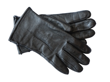 Pair of men's black leather gloves isolated on white background with clipping pathの写真素材