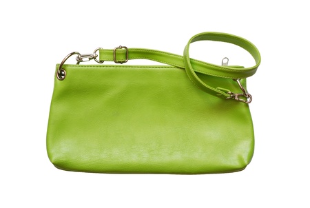 Nice small woman's leather green bag. Isolated on white with clipping pathの写真素材