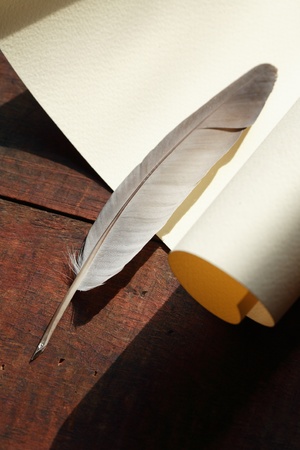 Vintage still life with blank scroll and quill on wooden surfaceの写真素材
