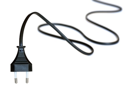 Electric plug with long black cable on white background